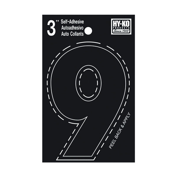 HY-KO 30400 Series 30409 Die-Cut Number, Character: 9, 3 in H Character, Black Character, Vinyl