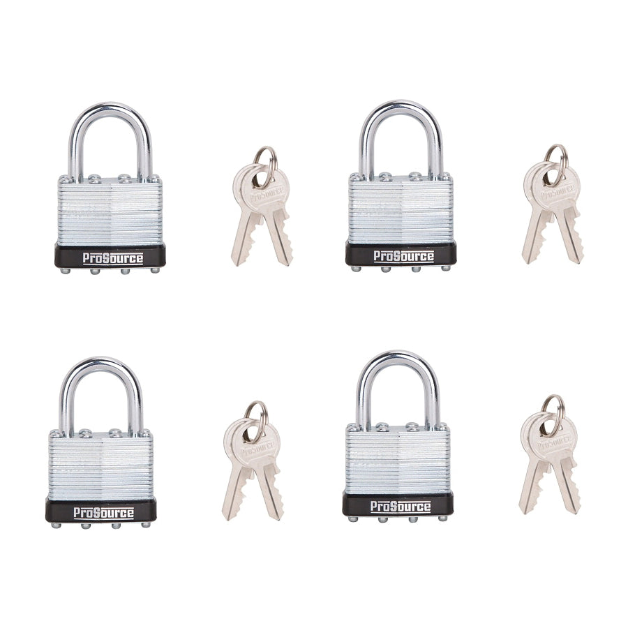 ProSource HD-3DX4-3L Padlock Set, 4 Pc, Standard Shackle, 1/4 in Dia Shackle, Steel, Zinc, M1 Keyway