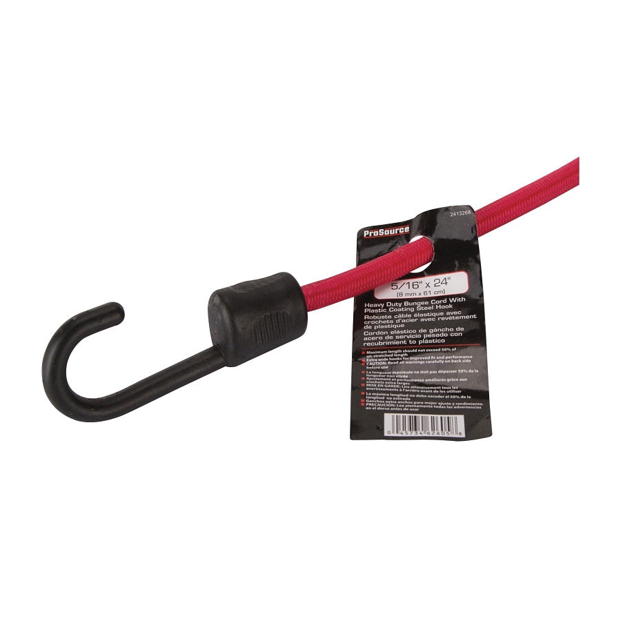 ProSource FH64082 Stretch Cord, 8 mm Dia, 24 in L, Red, Hook End