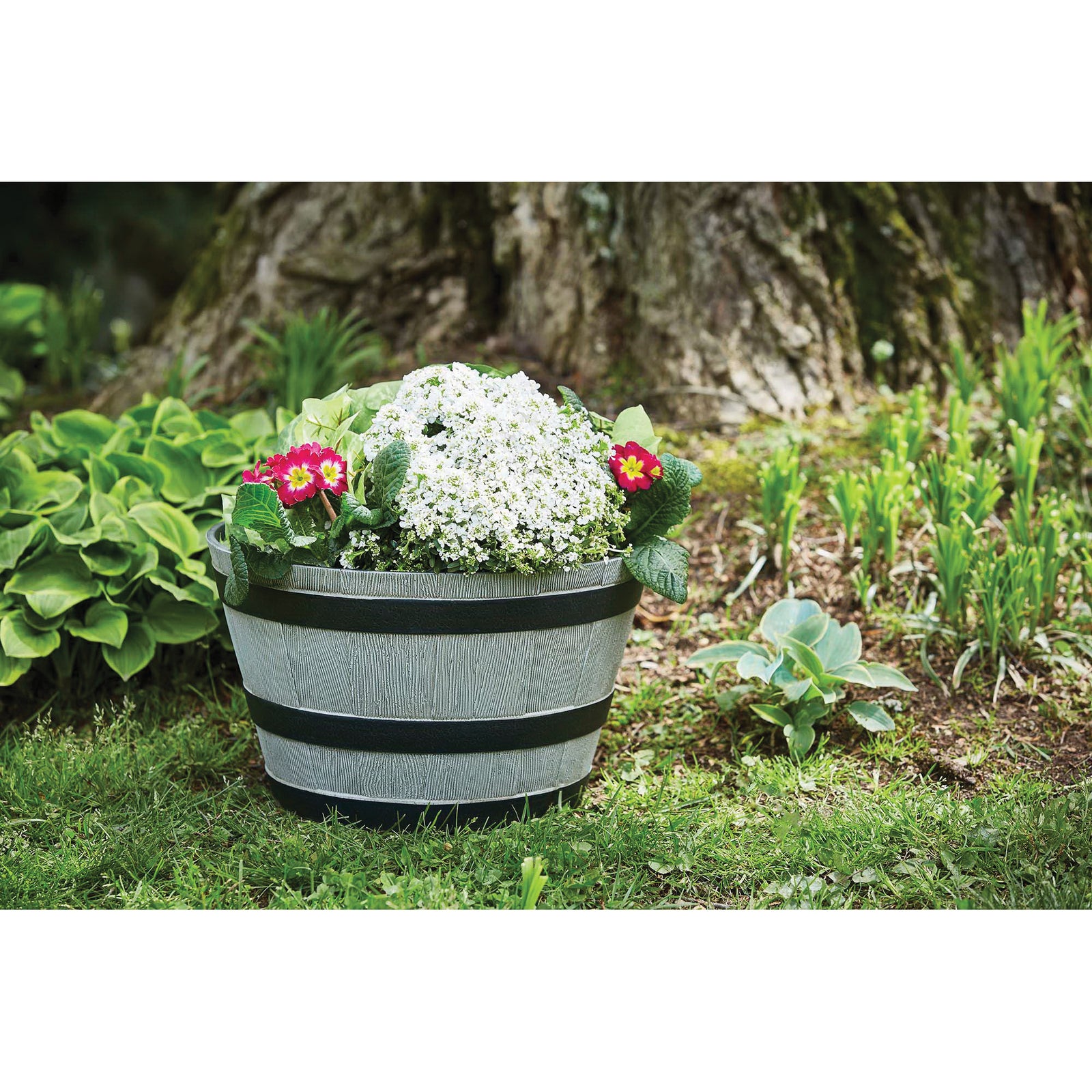 Southern Patio HDR-055488 Whiskey Barrel Planter, 22.24 in Dia, Round, Resin, Birchwood Gray