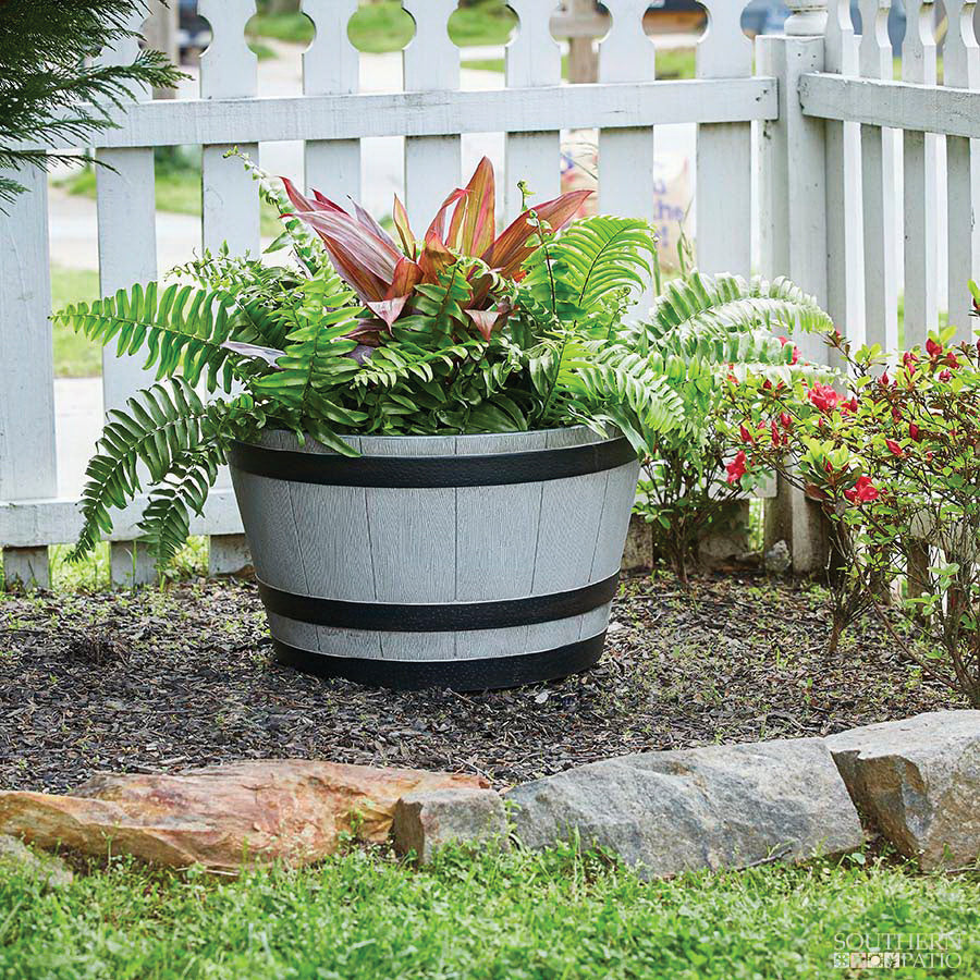 Southern Patio HDR-055488 Whiskey Barrel Planter, 22.24 in Dia, Round, Resin, Birchwood Gray
