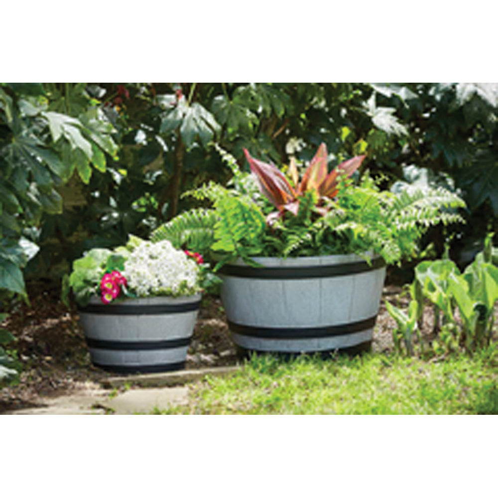 Southern Patio HDR-055488 Whiskey Barrel Planter, 22.24 in Dia, Round, Resin, Birchwood Gray