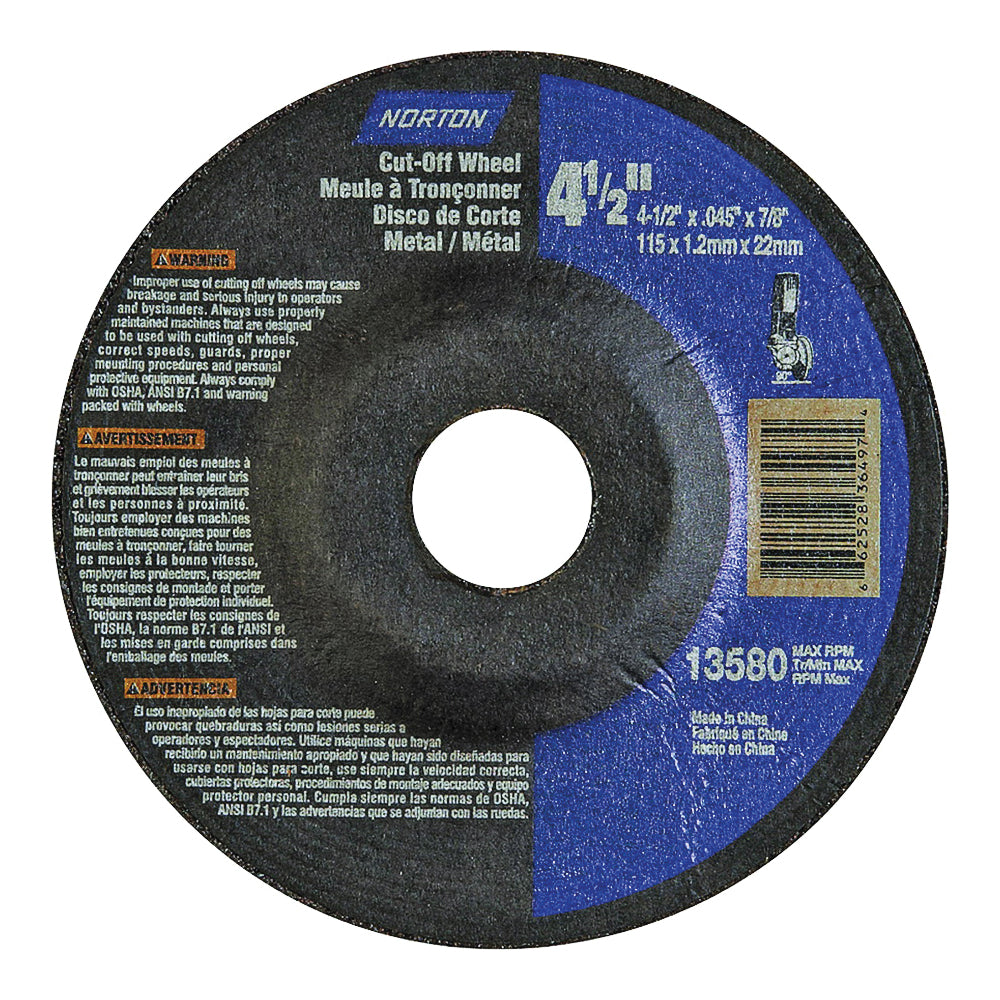 NORTON 66252843604 Grinding Wheel, 4-1/2 in Dia, 0.045 in Thick, 7/8 in Arbor, 24 Grit, Extra Coarse