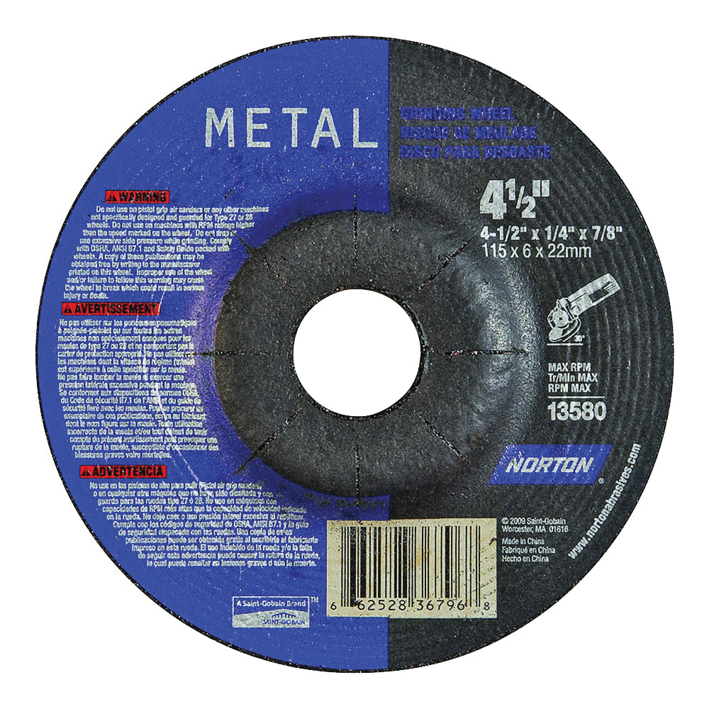 NORTON 66252836796 Grinding Wheel, 4-1/2 in Dia, 1/4 in Thick, 7/8 in Arbor, 24 Grit, Extra Coarse