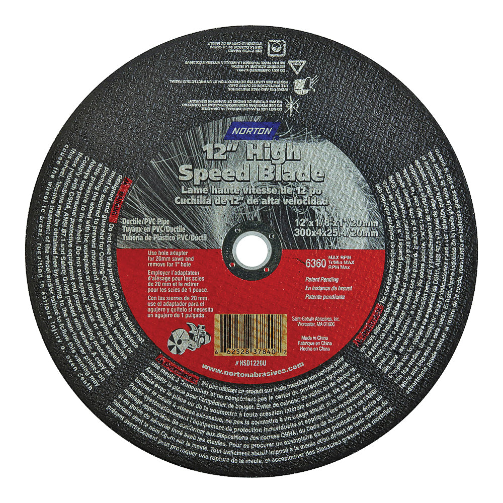 NORTON 66252837840 Cut-Off Wheel, 12 in Dia, 1/8 in Thick, 1 in Arbor, 24 Grit, Silicone Carbide Abrasive