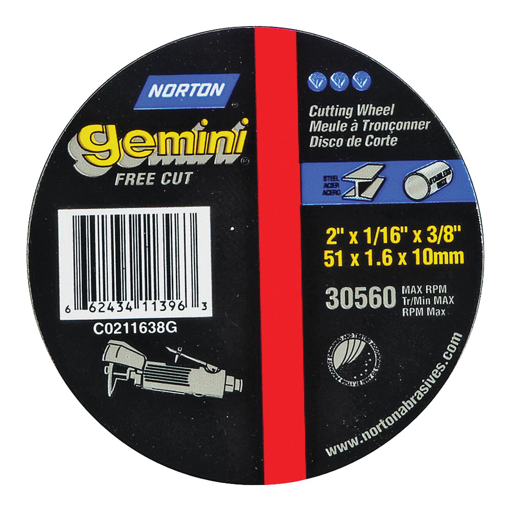 NORTON 66243411396 Cut-Off Wheel, 2 in Dia, 1/16 in Thick, 3/8 in Arbor, 36 Grit, Aluminum Oxide Abrasive