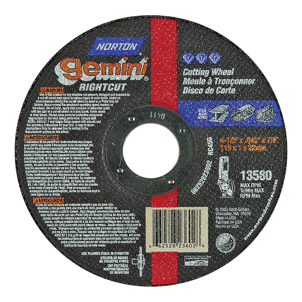 NORTON 66252823602 Cut-Off Wheel, 4-1/2 in Dia, 0.045 in Thick, 7/8 in Arbor, 36 Grit, Coarse