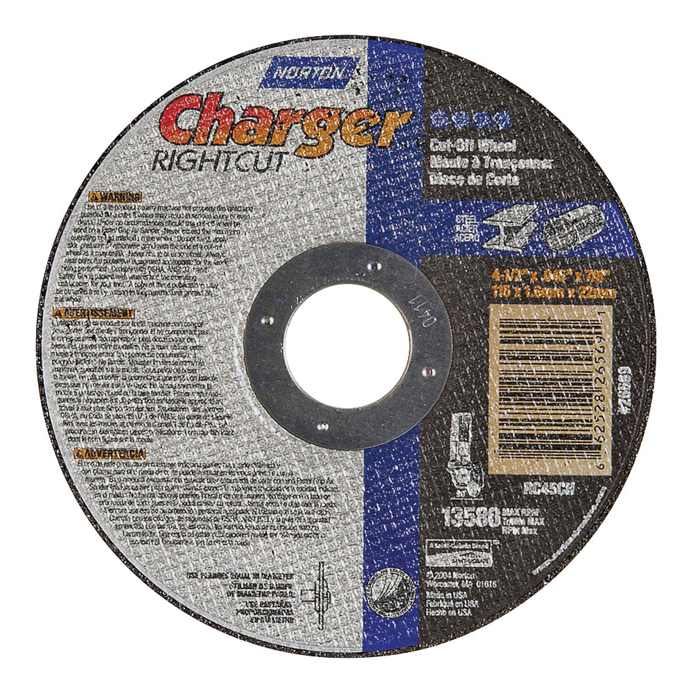 NORTON 66252843208 Cut-Off Wheel, 4-1/2 in Dia, 0.045 in Thick, 7/8 in Arbor, 36 Grit, Coarse