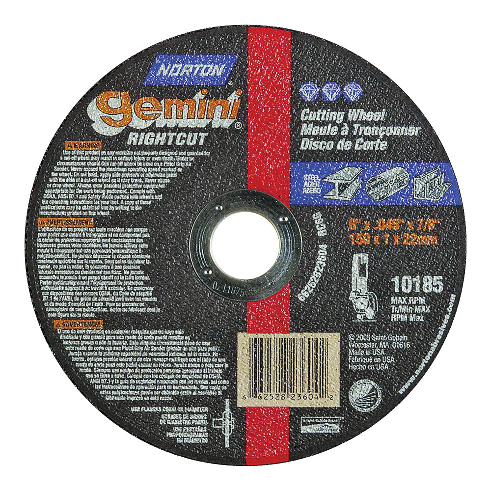 NORTON 66252823604 Cut-Off Wheel, 6 in Dia, 0.045 in Thick, 7/8 in Arbor, 36 Grit, Coarse, Aluminum Oxide Abrasive