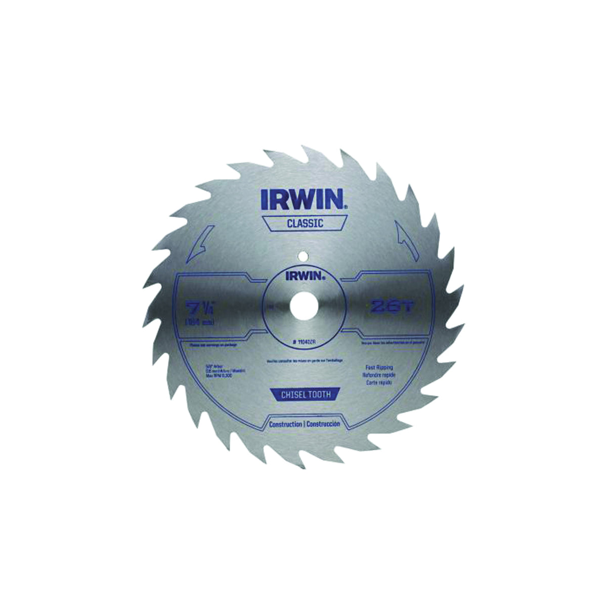 IRWIN 11040ZR Circular Saw Blade, 7-1/4 in Dia, 5/8 in Arbor, 26-Teeth, Applicable Materials: Wood