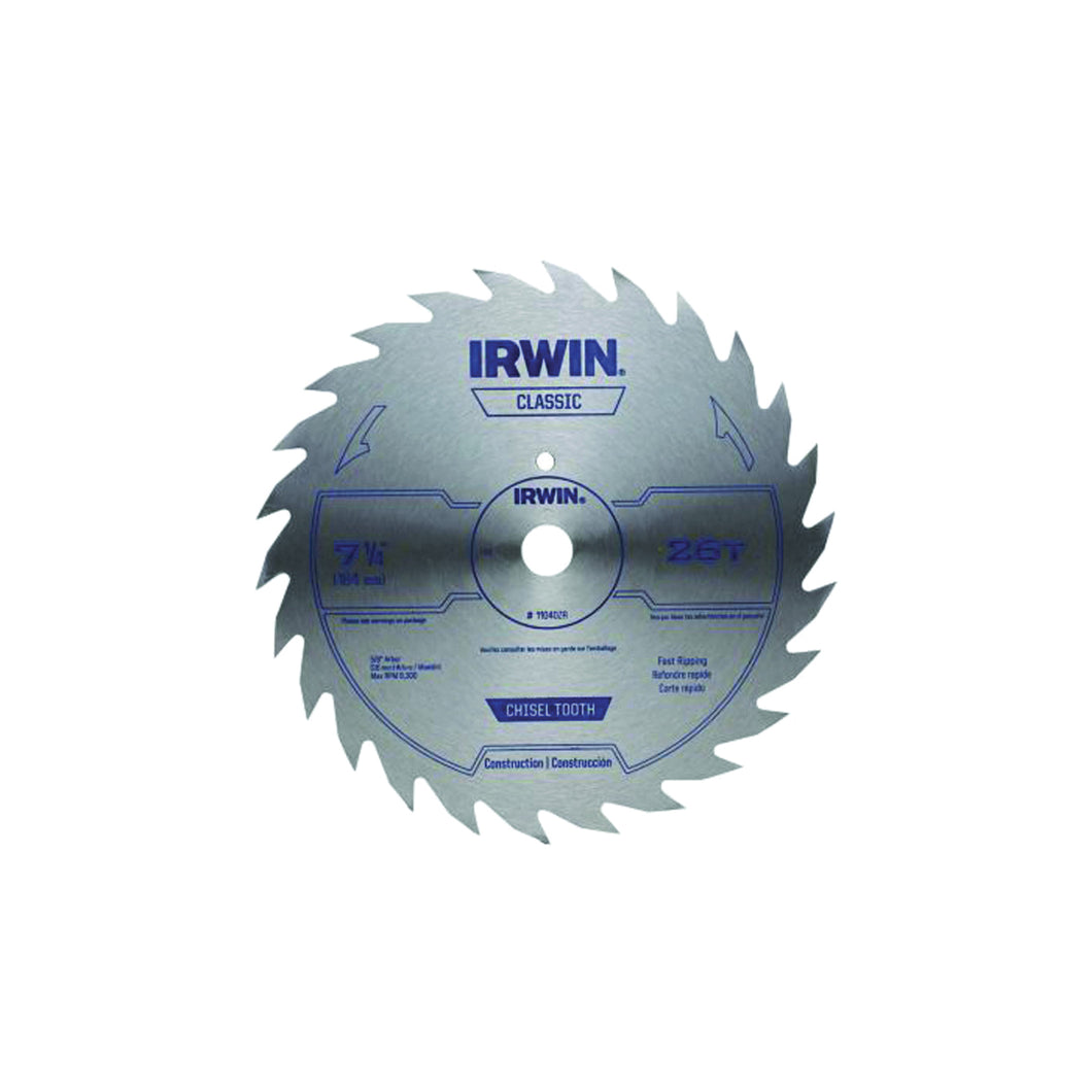 IRWIN 11040ZR Circular Saw Blade, 7-1/4 in Dia, 5/8 in Arbor, 26-Teeth, Applicable Materials: Wood