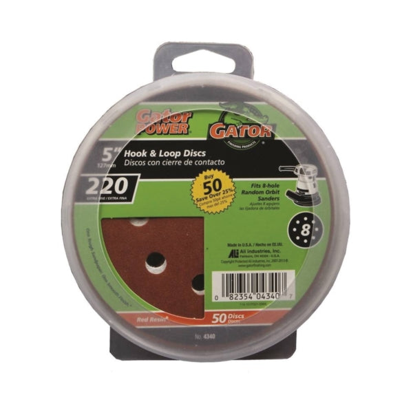 Gator 4340 Sanding Disc, 5 in Dia, 220 Grit, Extra Fine, Aluminum Oxide Abrasive, Vented