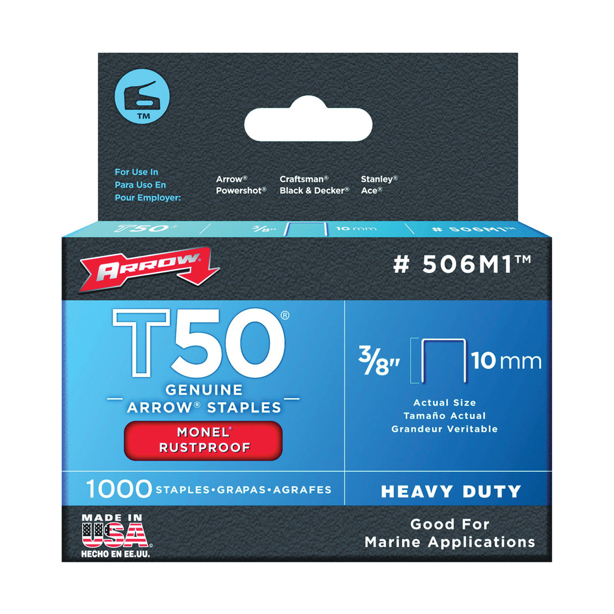 Arrow 506M1 Staple, T50 Staple, 3/8 in W Crown, 3/8 in L Leg, Monel Staple