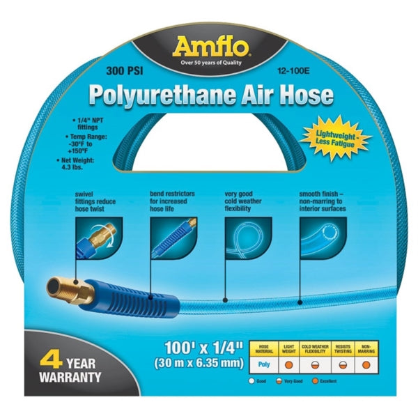 Amflo 12-100E Air Hose, 1/4 in OD, 100 ft L, MNPT, 300 psi Pressure, Polyurethane, Blue