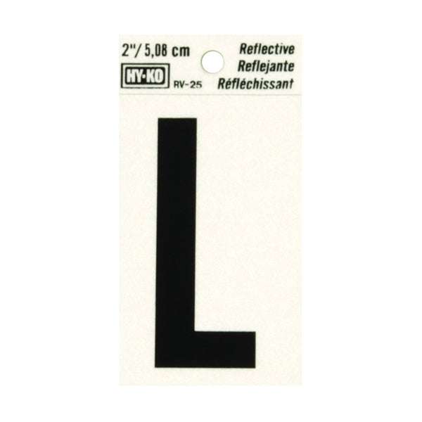 HY-KO RV-25/L Reflective Letter, Character: L, 2 in H Character, Black Character, Silver Background, Vinyl