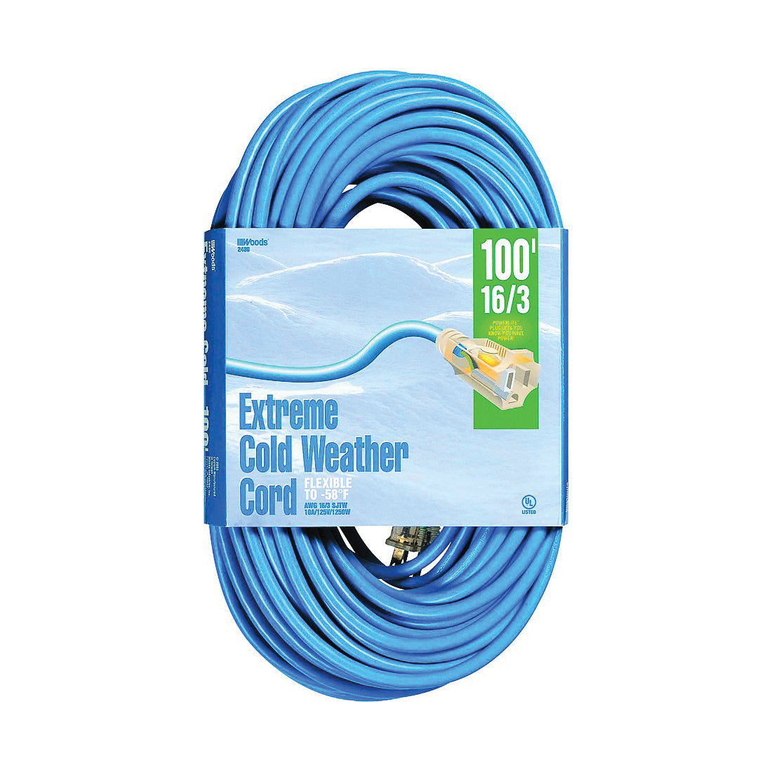 Woods 2436 Extension Cord, 16 AWG Cable, 100 ft L, 10 A, 125 V, Bright Blue