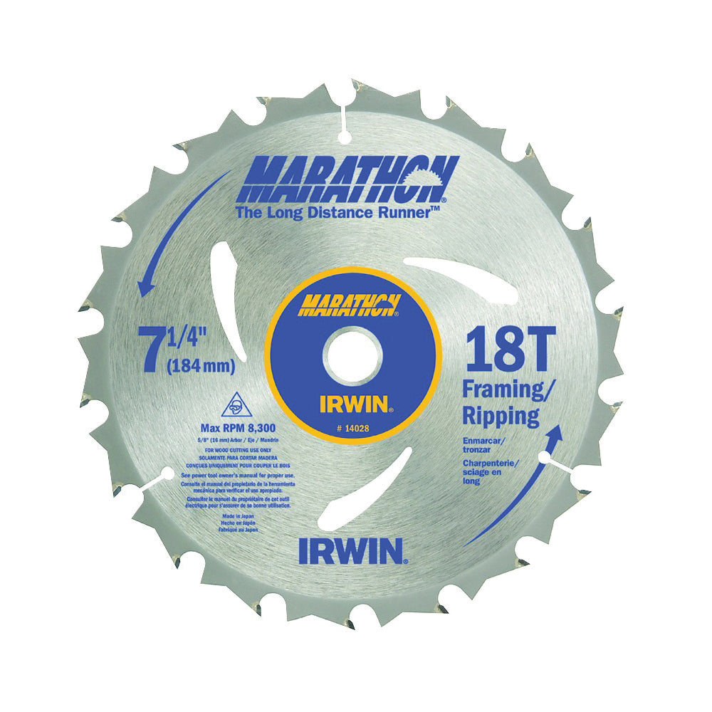 IRWIN MARATHON 14028 Circular Saw Blade, 7-1/4 in Dia, 5/8 in Arbor, 18-Teeth, Carbide Cutting Edge