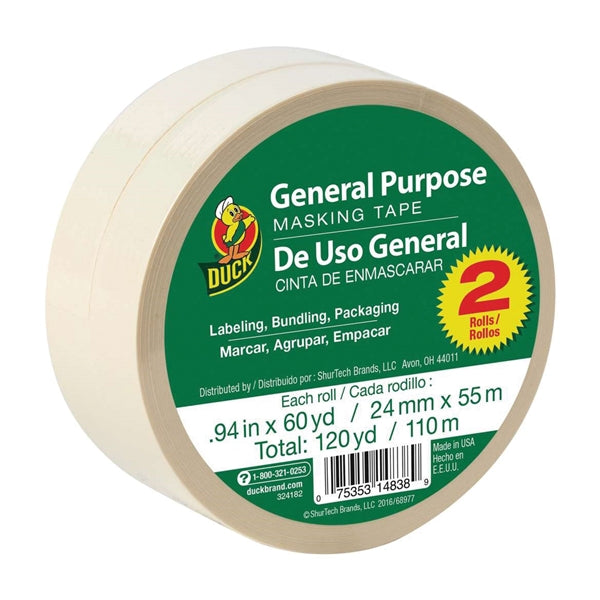 Duck 394693 Masking Tape, 60 yd L, 0.94 in W, Beige