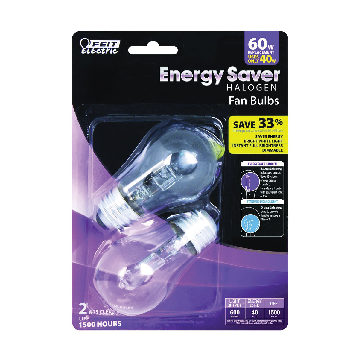 Feit Electric BPQ40A15/CL/2 Halogen Bulb, 40 W, Medium E26 Lamp Base, A15 Lamp, 600 Lumens, 3000 K Color Temp