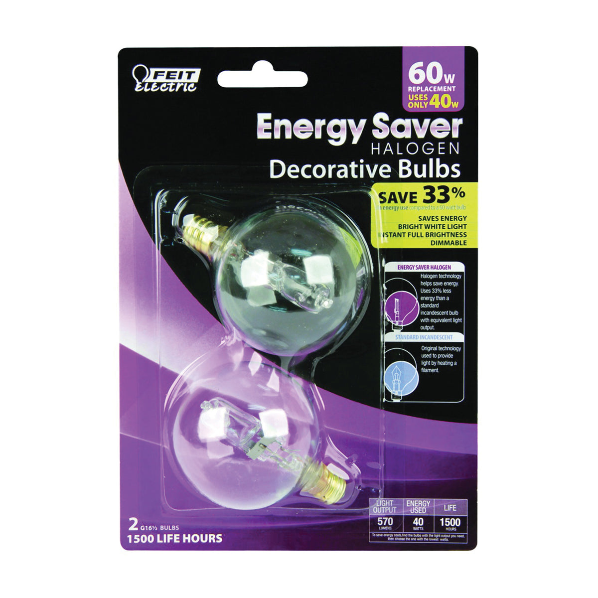 Feit Electric BPQ40G161/2 Halogen Bulb, 40 W, Candelabra E12 Lamp Base, G16 Lamp, 570 Lumens, 3000 K Color Temp