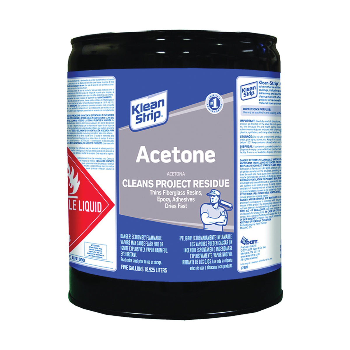 Klean Strip CAC18 Acetone Thinner, Liquid, Characteristic Ketone, Sweet Pungent, Clear, 5 gal, Can