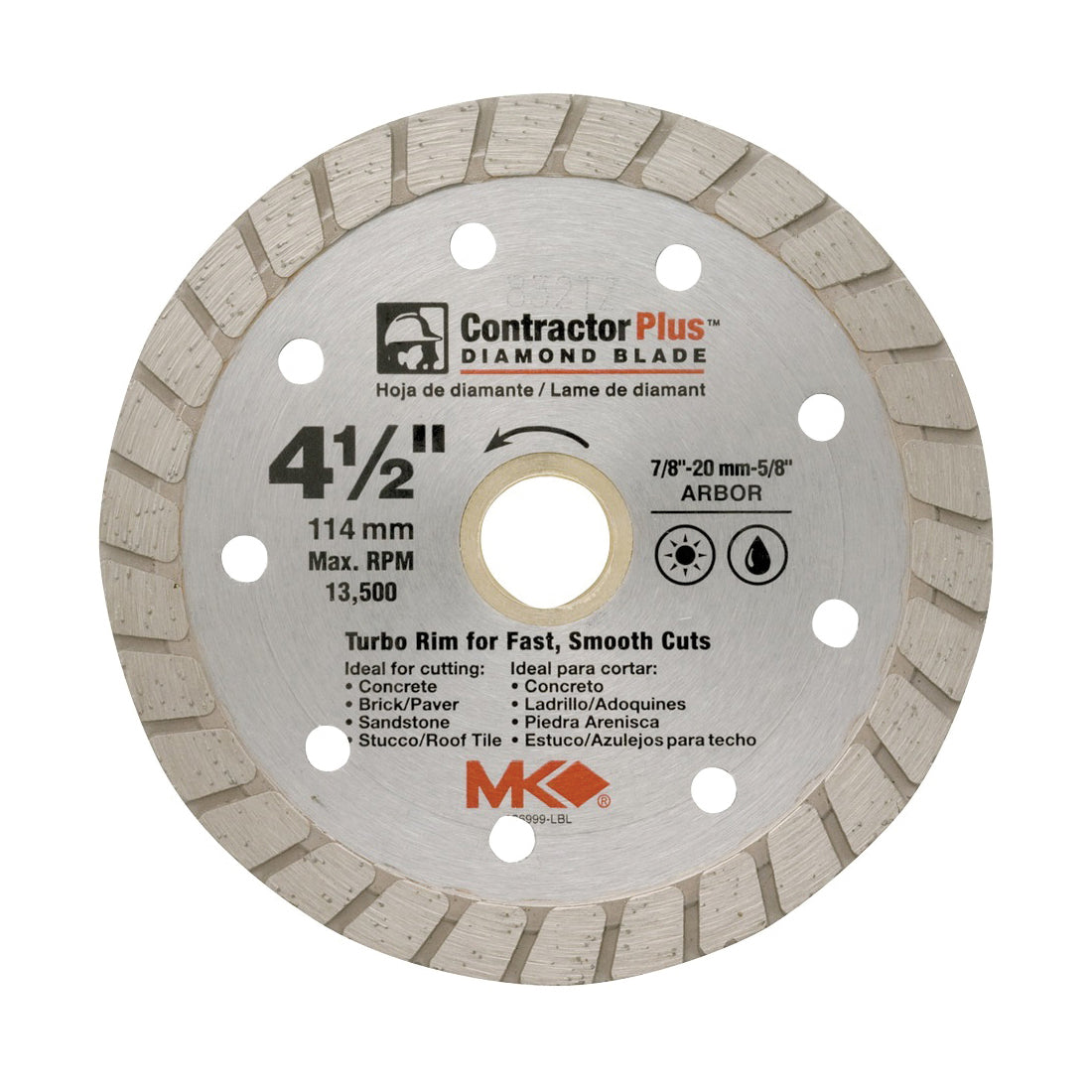 MK 167021 Saw Blade, 4-1/2 in Dia, 7/8 to 5/8 in Arbor, Diamond Cutting Edge, Turbo Rim