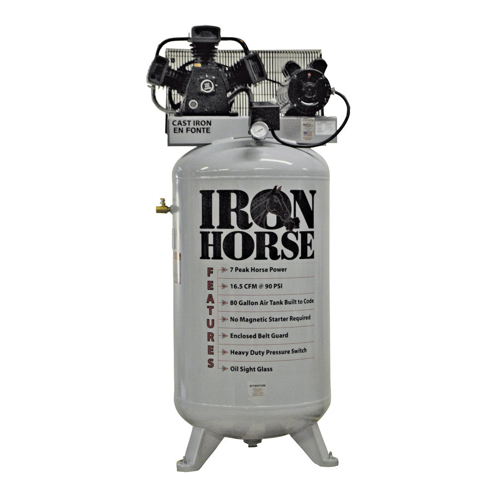 IRON HORSE IHD7180V1 Air Compressor, 80 gal Tank, 7 hp, 208/230 V, 90 psi Pressure, 1-Stage, 16.5 cfm Air