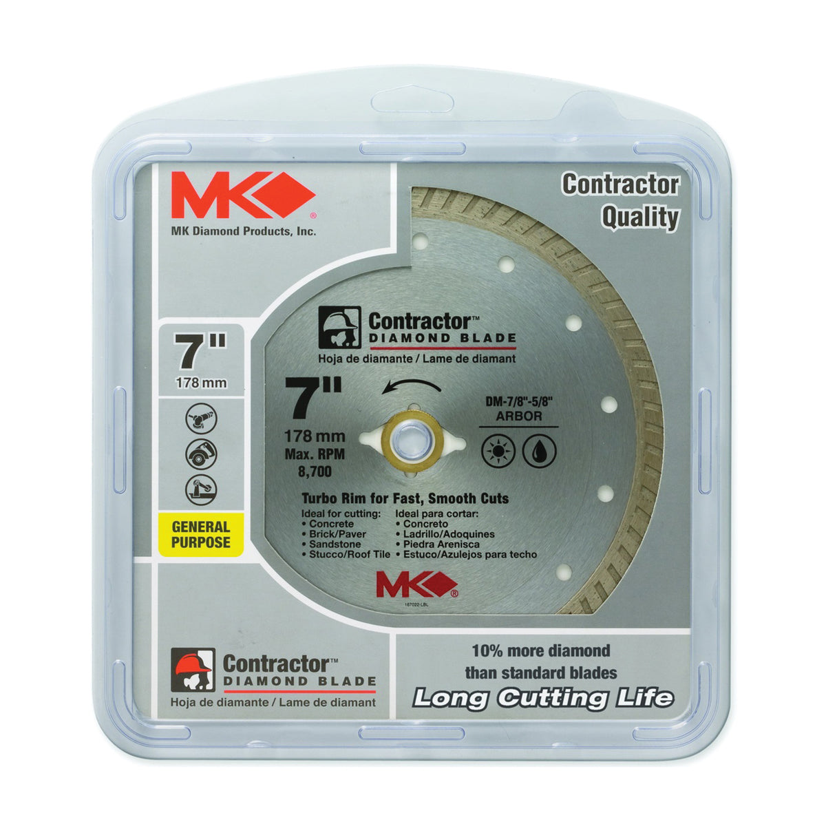 MK 167022 Saw Blade, 7 in Dia, 7/8 to 5/8 in Arbor, Diamond Cutting Edge, Turbo Rim
