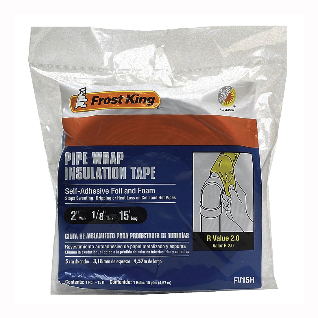 Frost King FV15H Pipe Wrap Kit, 15 ft L, 2 in W, 1/8 in Thick, 2 R-Value, Silver