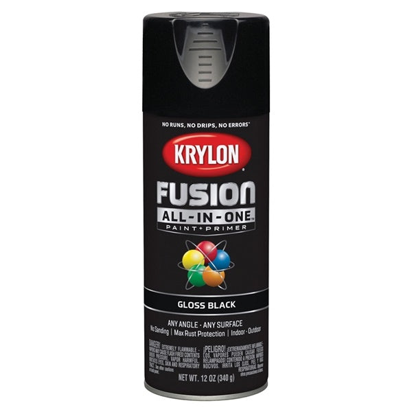 Krylon Fusion K02702007 Primer and Spray Paint, Gloss, Black, 12 oz, Aerosol Can