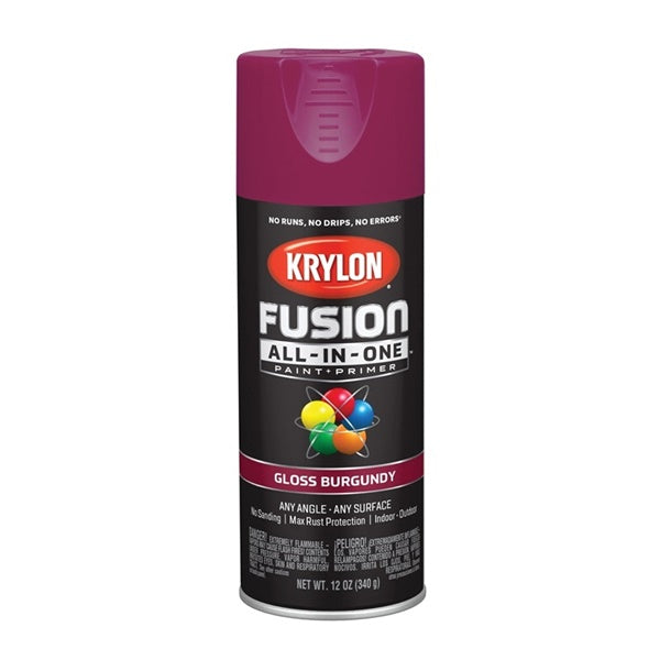 Krylon Fusion K02704007 Primer and Spray Paint, Gloss, Burgundy, 12 oz, Aerosol Can