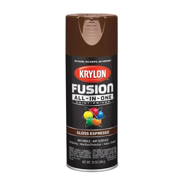 Krylon Fusion K02707007 Primer and Spray Paint, Gloss, Espresso, 12 oz, Aerosol Can