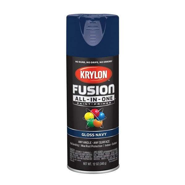 Krylon Fusion K02714007 Primer and Spray Paint, Gloss, Navy, 12 oz, Aerosol Can