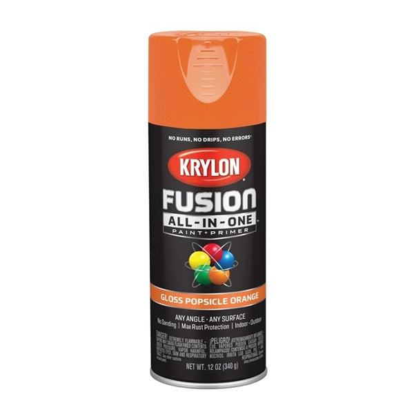 Krylon Fusion K02718007 Primer and Spray Paint, Gloss, Popsicle Orange, 12 oz, Aerosol Can