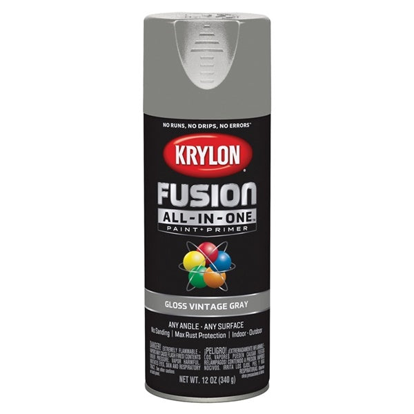 Krylon Fusion K02726007 Primer and Spray Paint, Gloss, Vintage Gray, 12 oz, Aerosol Can