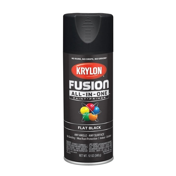 Krylon Fusion K02728007 Primer and Spray Paint, Flat, Black, 12 oz, Aerosol Can