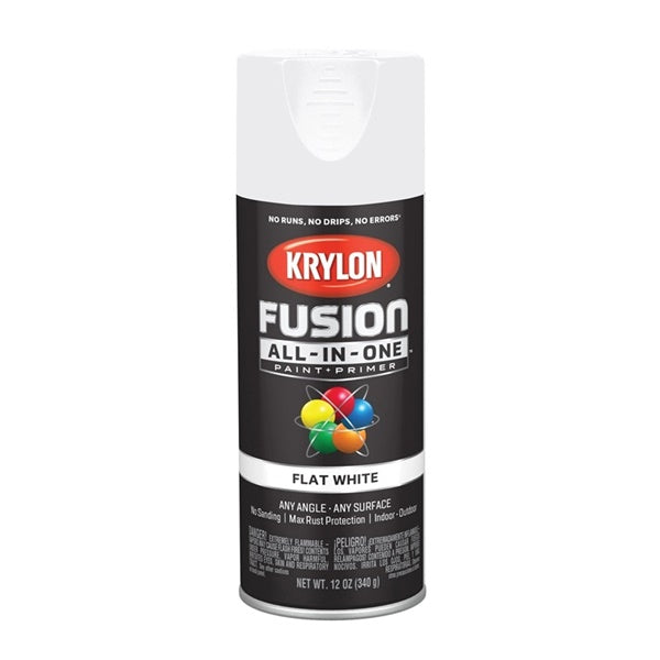 Krylon Fusion K02730007 Primer and Spray Paint, Flat, White, 12 oz, Aerosol Can