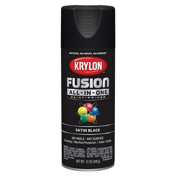 Krylon Fusion K02732007 Primer and Spray Paint, Satin, Black, 12 oz, Aerosol Can