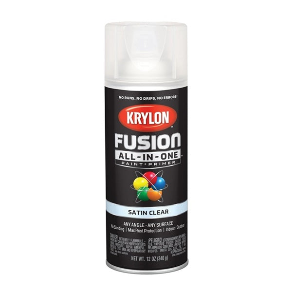Krylon Fusion K02735007 Primer and Spray Paint, Satin, Clear, 12 oz, Aerosol Can
