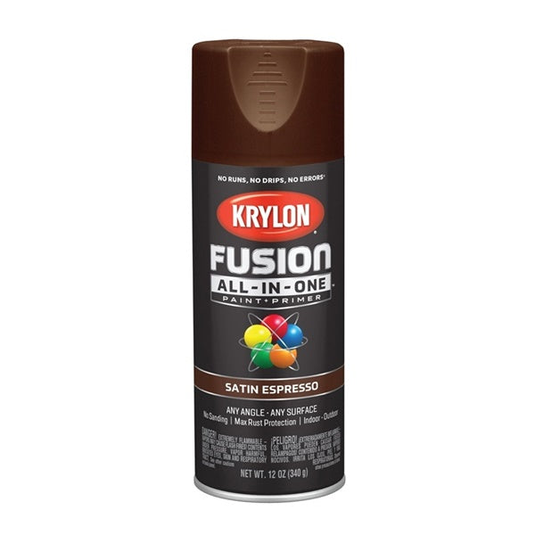 Krylon Fusion K02738007 Primer and Spray Paint, Satin, Espresso, 12 oz, Aerosol Can