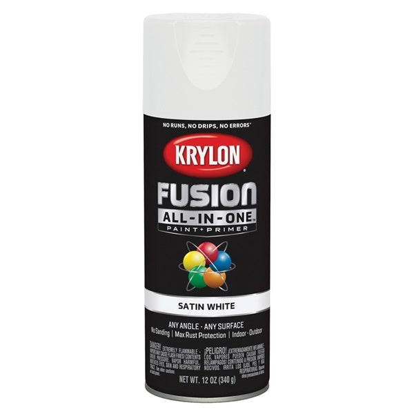 Krylon Fusion K02753007 Primer and Spray Paint, Satin, White, 12 oz, Aerosol Can