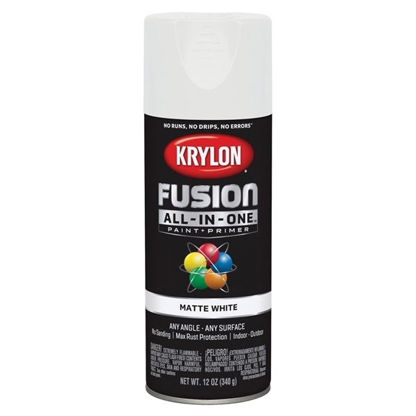 Krylon Fusion K02764007 Primer and Spray Paint, Matte, White, 12 oz, Aerosol Can