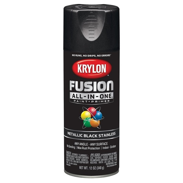 Krylon Fusion K02790007 Primer and Spray Paint, Metallic, Black Stainless, 12 oz, Aerosol Can