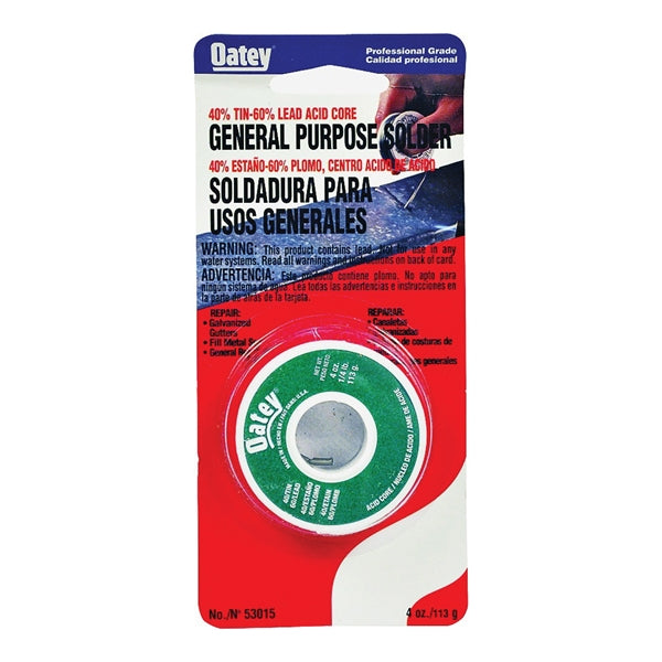 Oatey 53015 Acid Core Wire Solder, 1/4 lb Carded, Solid, Silver, 360 to 460 deg F Melting Point