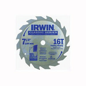 IRWIN 25030ZR Circular Saw Blade, 7-1/4 in Dia, 5/8 in Arbor, 16-Teeth, Carbide Cutting Edge
