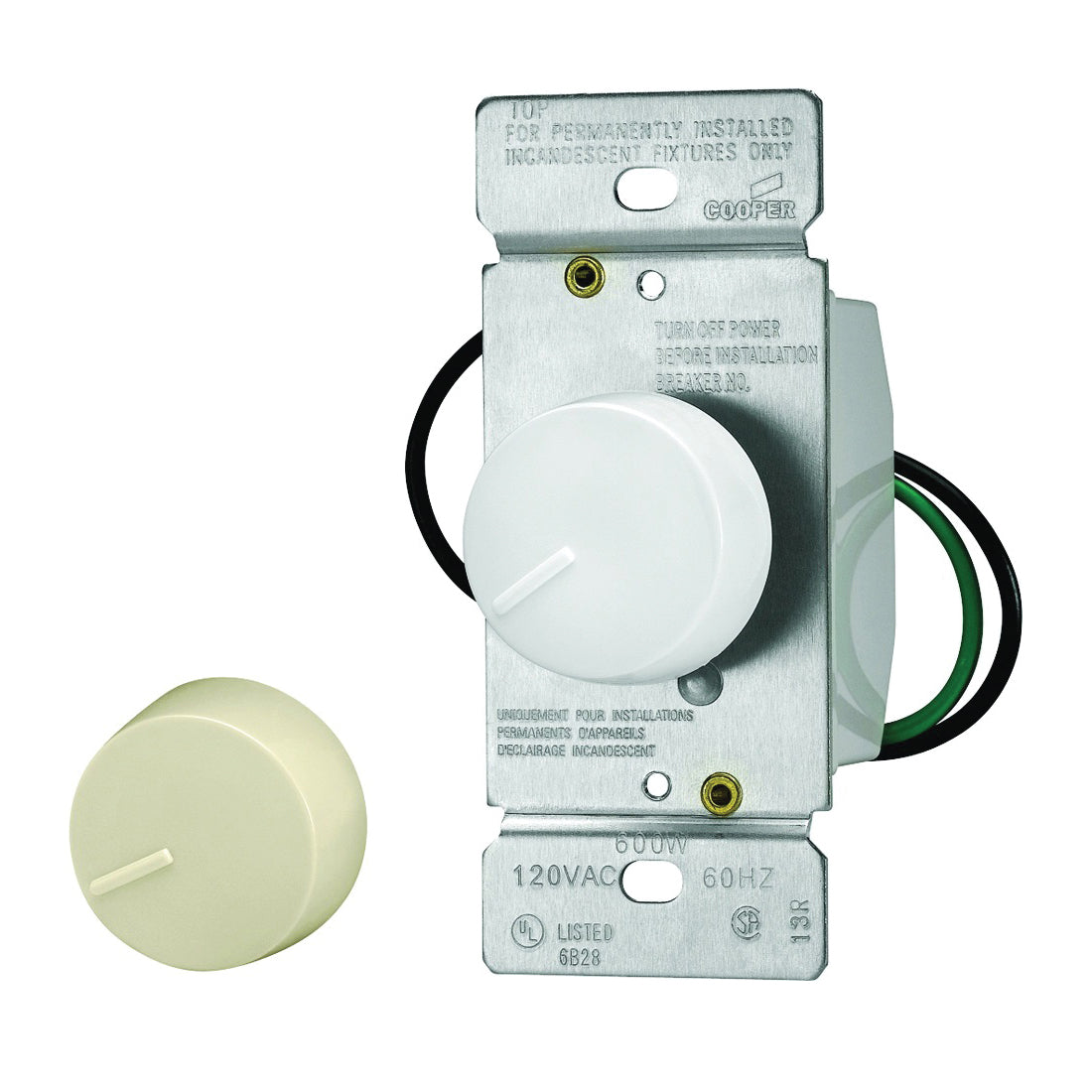 Eaton Wiring Devices RI061-VW-K2 Rotary Dimmer, 120 V, 600 W, Halogen, Incandescent Lamp, Single-Pole, Ivory/White