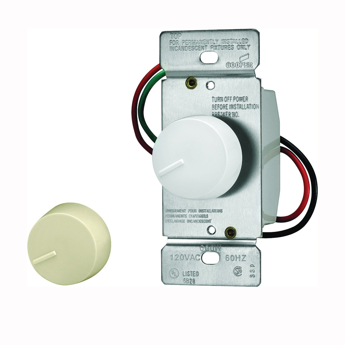 Eaton Wiring Devices RI306P-VW-K2 Rotary Dimmer, 20 A, 120 V, 600 W, 3-Way, Ivory/White