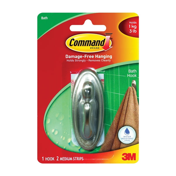 Command 17051BN-B Decorative Hook, 3 lb, 1-Hook, Plastic, Silver, Brushed Nickel