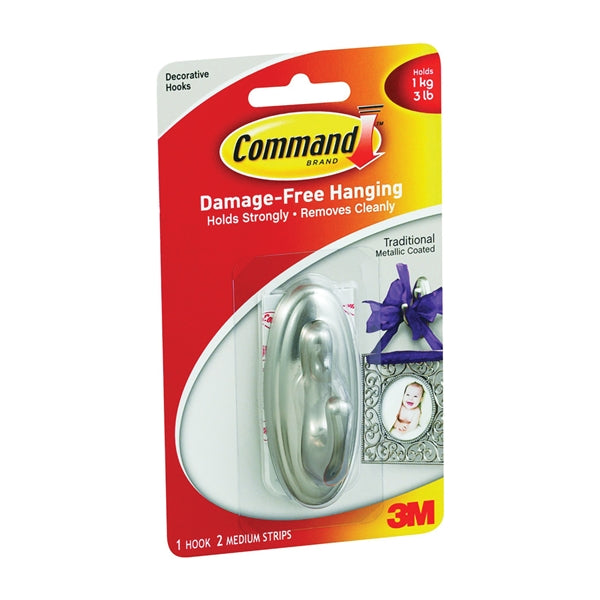 Command 17051BN Decorative Hook, 3 lb, 1-Hook, Plastic, Silver, Brushed Nickel