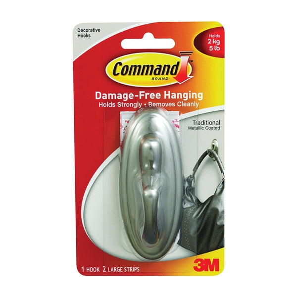 Command 17053BN Decorative Hook, 5 lb, 1-Hook, Plastic, Silver, Brushed Nickel